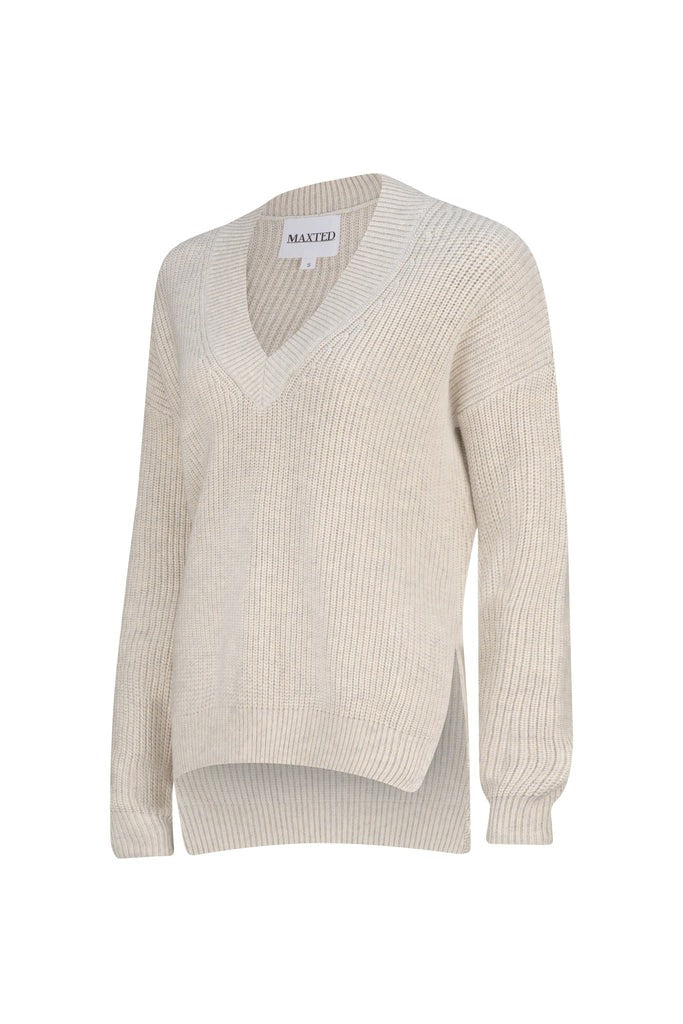 Maxted Twist V-Neck Ribbed Pullover - Pebble